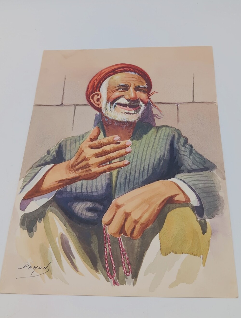 Vintage Demon Studio Tehran Watercolor Print Middle Eastern Man Prayer Beads Art